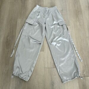 ASOS Bershka Womens Pants Size XS Pale Gray Satin Cargo Wide Leg Elastic Waist